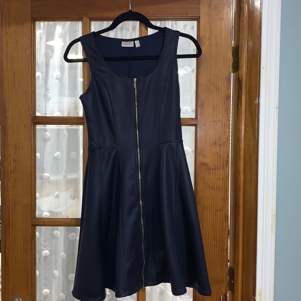 Faux leather dress in navy with gold zipper
